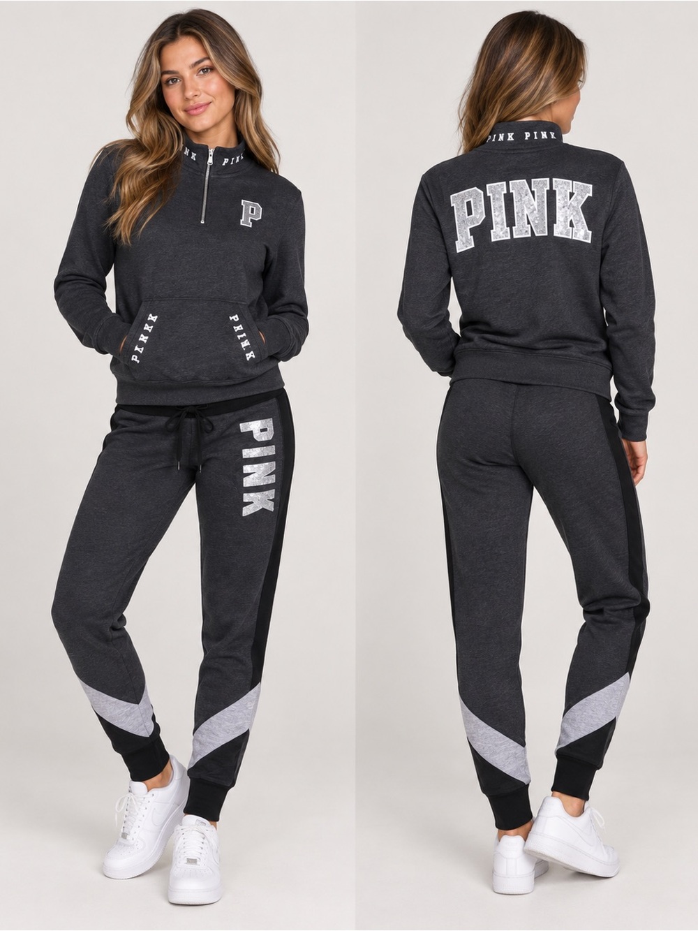Victoria’s Secret PINK Sequin Metallic Logo 2-Piece Jogger Set M Top S Bottom